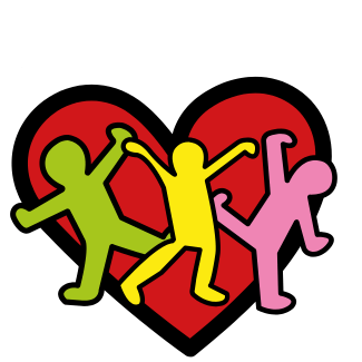 Colorful human figures dancing in front of a big red heart